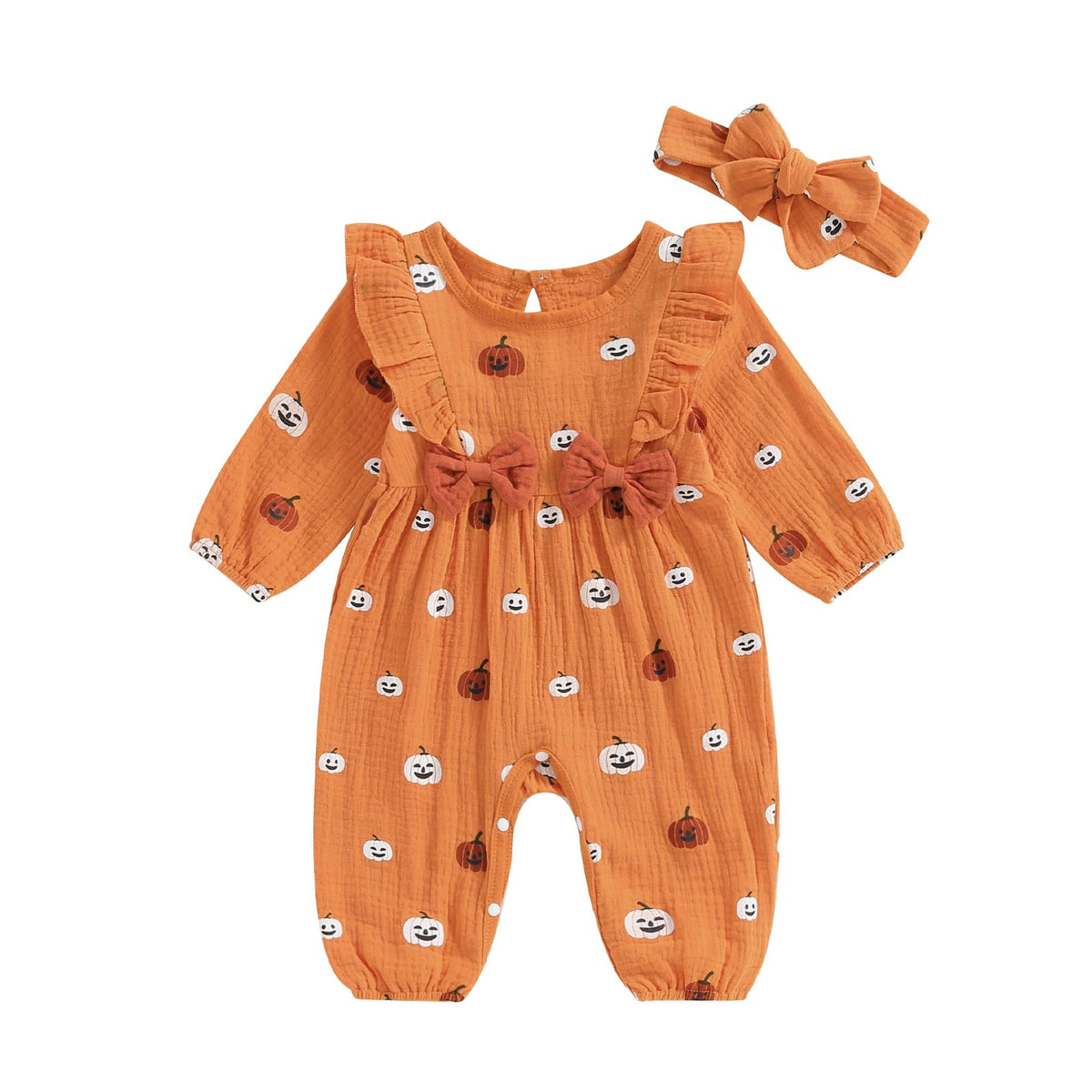 Lenjindjer Newborn Baby Girl Halloween Clothes Puff Sleeve Cotton Linen Ruffle Pumpkin Print Jumpsuit Fall One Piece Outfits (Orange 6-12 Months)